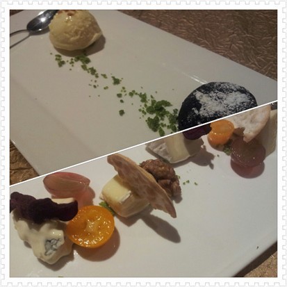 chocolate lava cake, 4-cheese platter